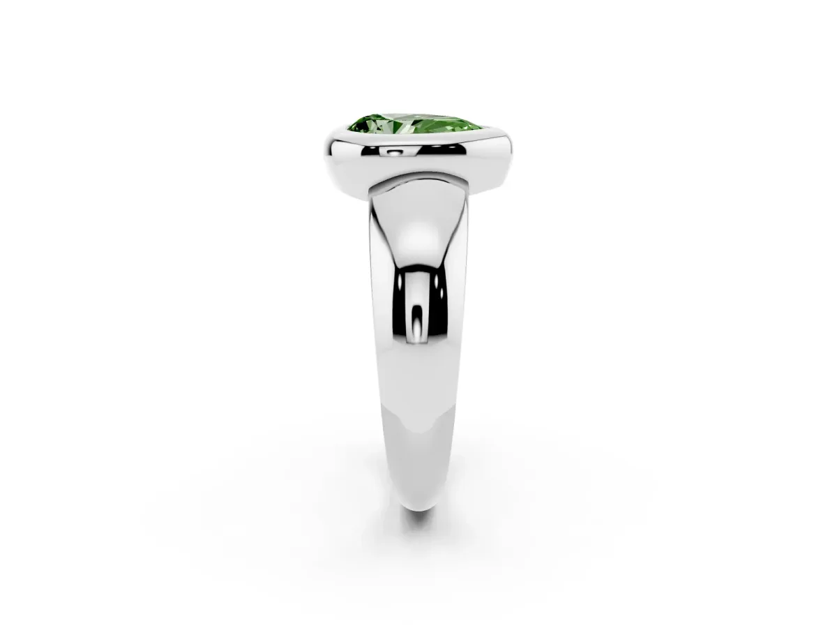 Fancy Green Bezel Set Pear Cut Solitaire Ring with Wide Band Silver