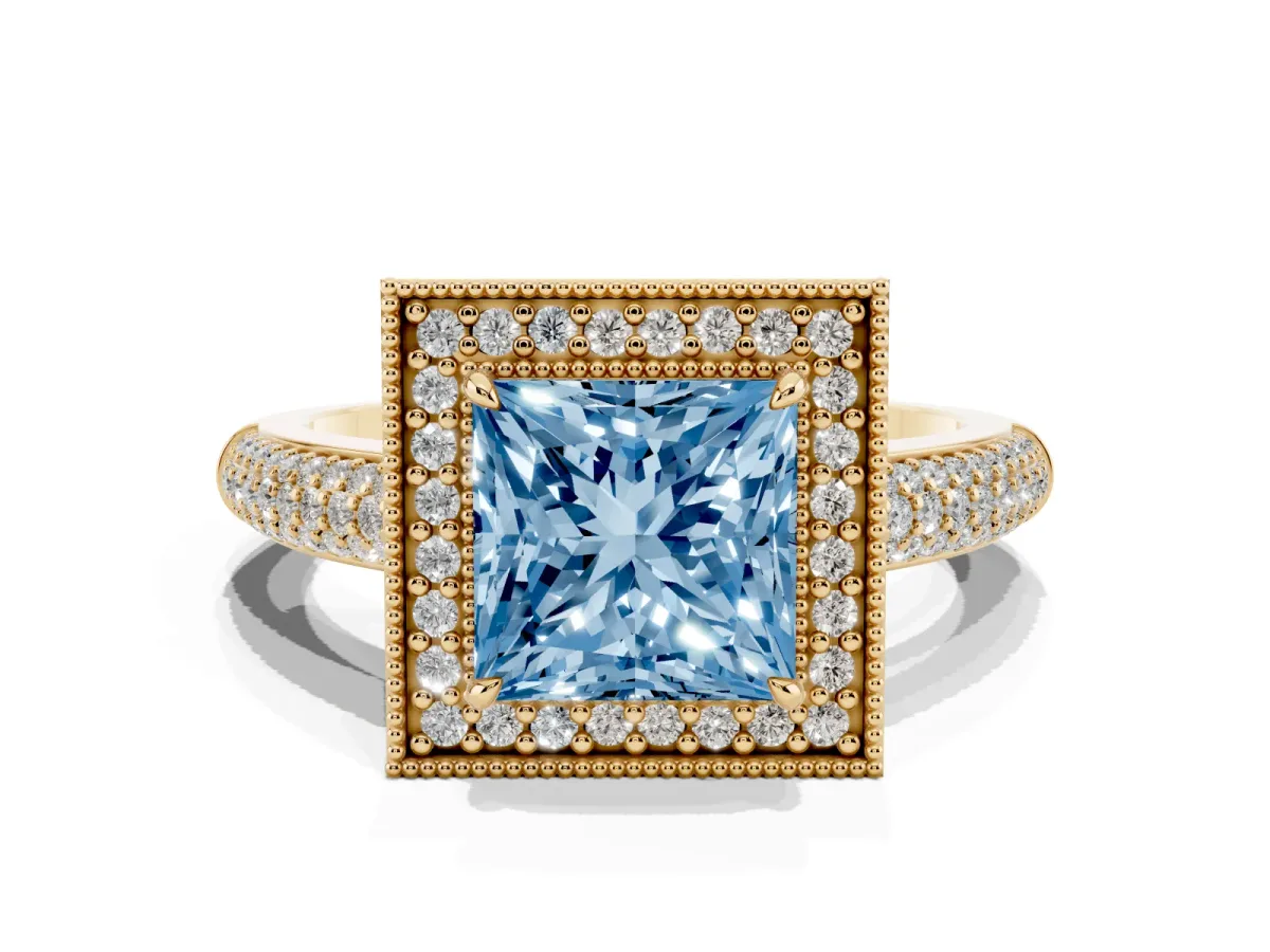 Fancy Blue Princess Cut Cut Halo Diamond Pave Band with Four-Prong Setting Yellow gold