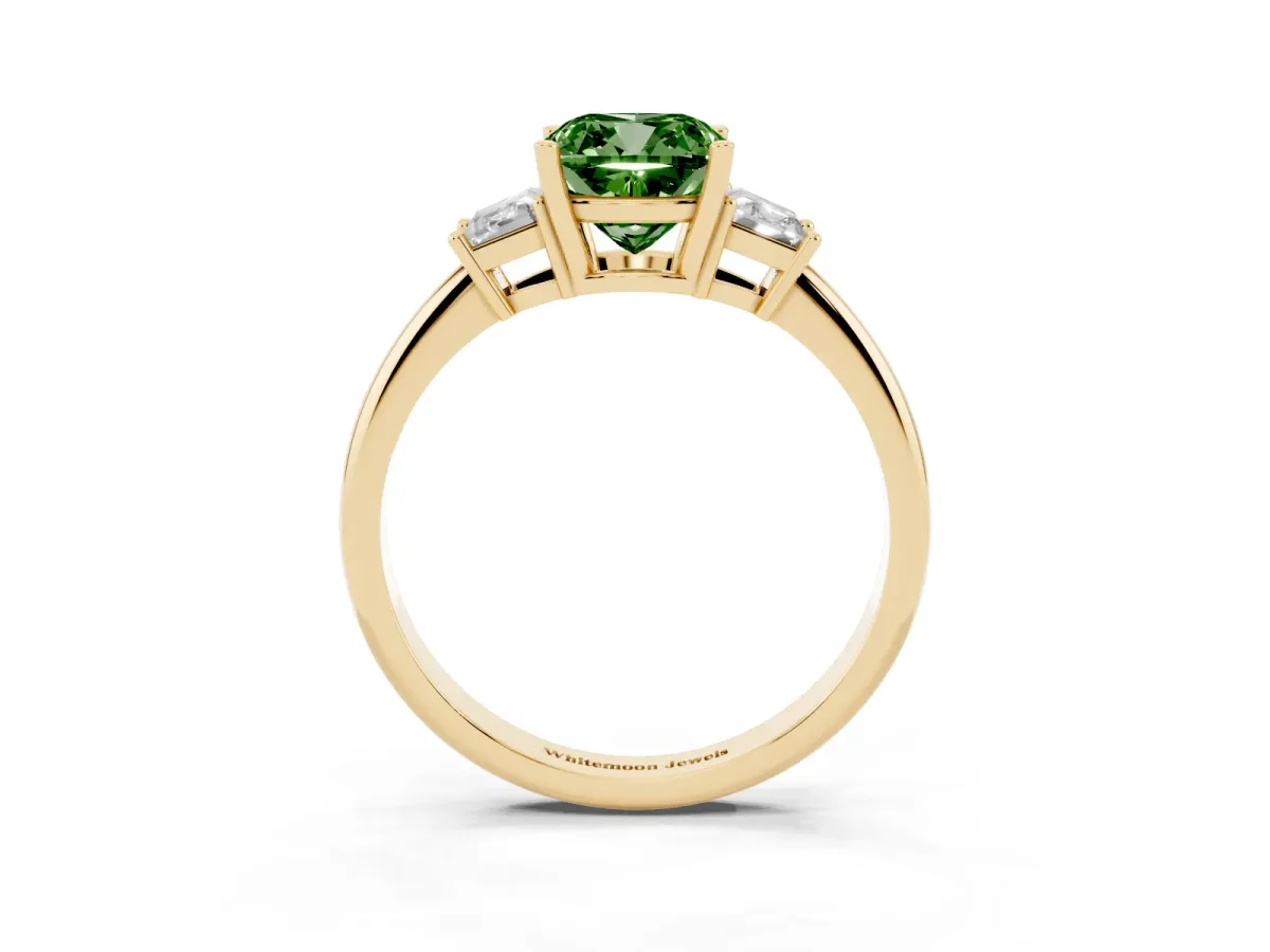 Fancy Green Cushion Cut Diamond Three-Stone Ring with Trapezoid Side Stones and Prong Setting Yellow gold