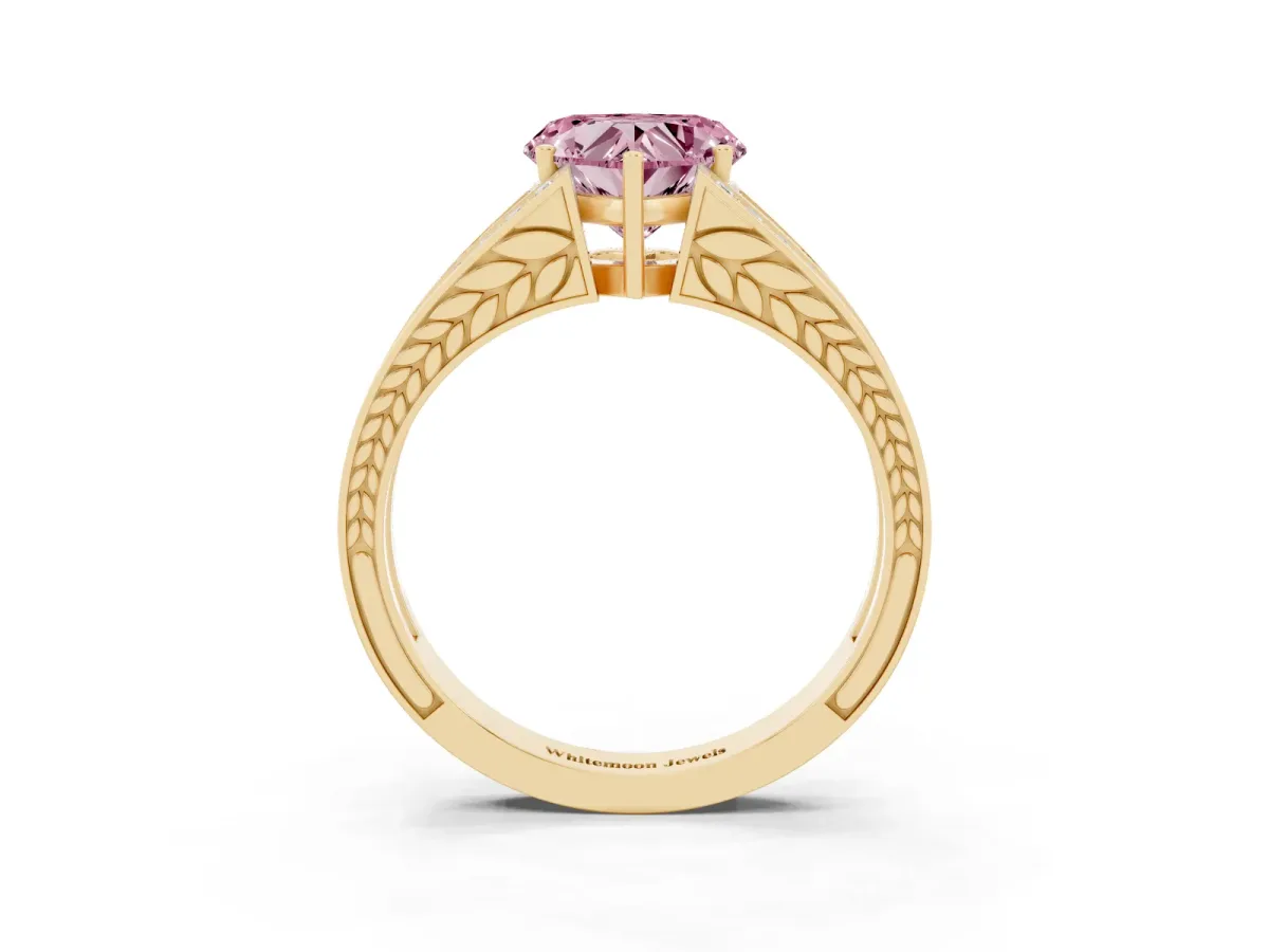 Fancy Pink Heart Cut Diamond Split Shank Ring with Pavé Band and Four-Prong Setting Yellow gold