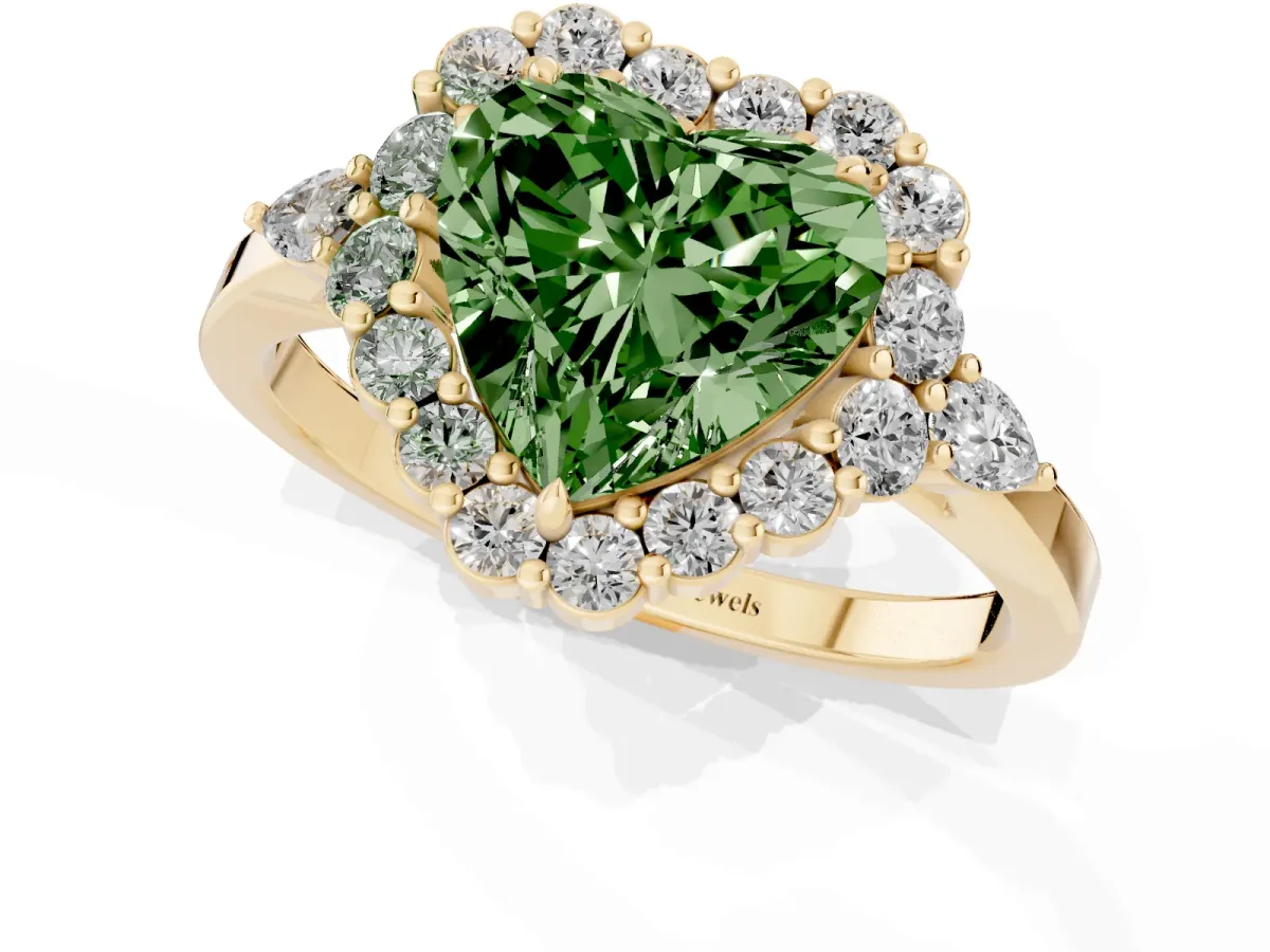 Fancy Green Heart Cut Diamond Halo Ring with Pear Side Stones and Prong Setting Yellow gold