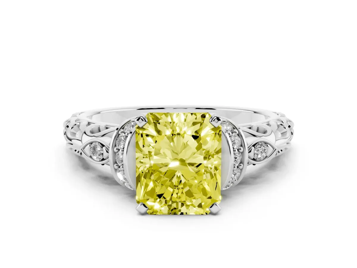 Fancy Yellow Radiant Cut Diamond Solitaire Ring with Filigree Band and Four-Prong Setting Silver