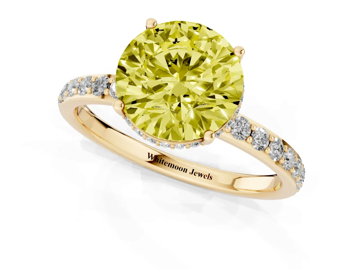 Fancy Yellow Round Cut Diamond Solitaire Ring with Pavé Band and Hidden Halo Yellow gold