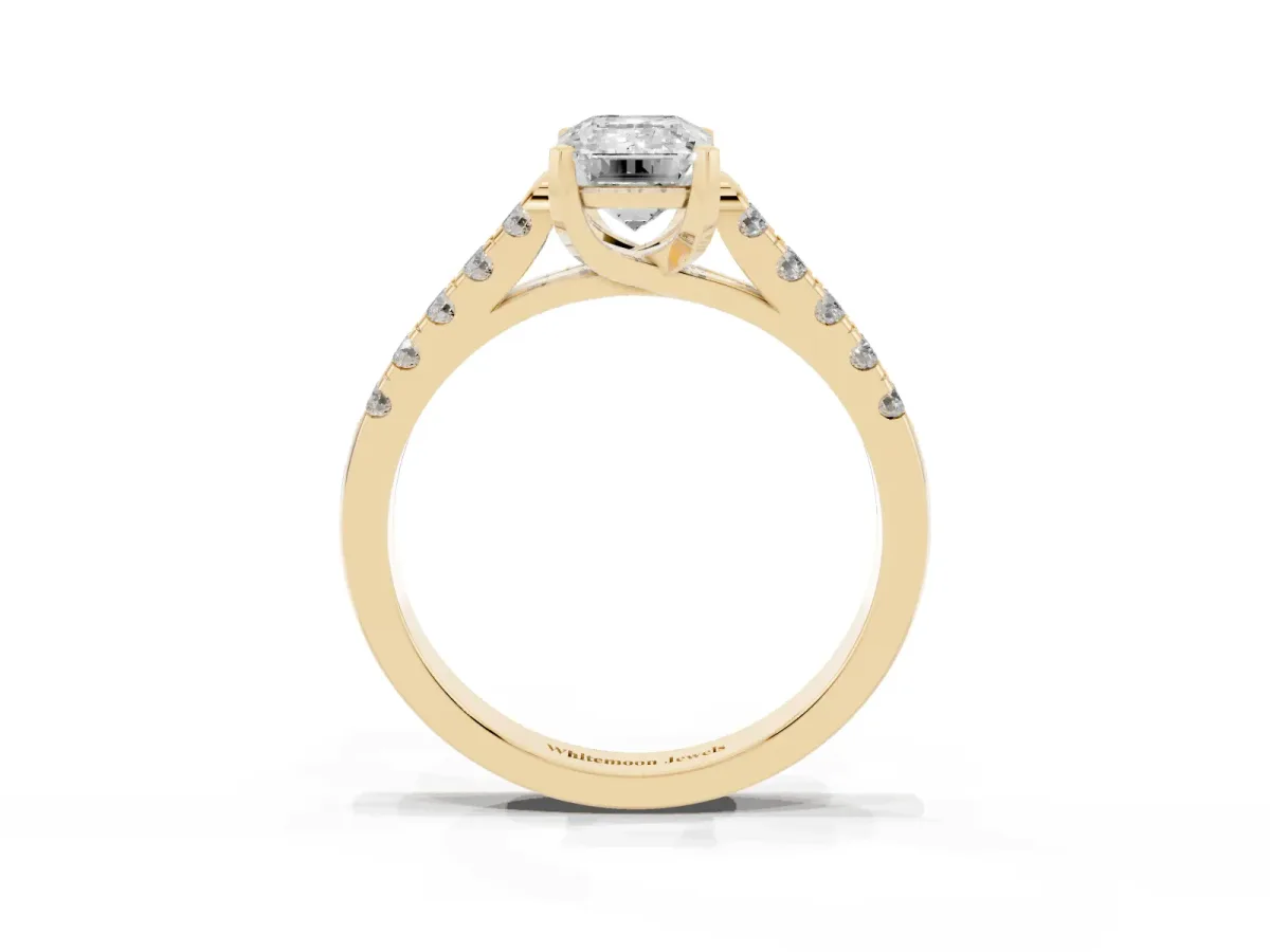 Emerald Cut Diamond Pavé Band Solitaire Ring with Prong Setting Yellow gold