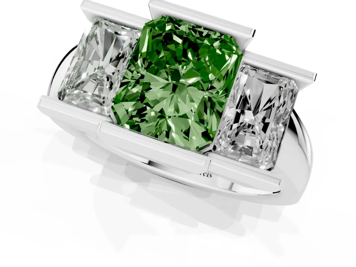 Fancy Green Three Stone Radiant Cut Cut Channel Set Diamond Ring Silver