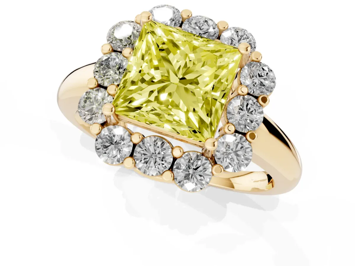Fancy Yellow Princess Cut Halo Milgrain Solitaire with Bezel Set Side Stones and Pave Band Yellow gold