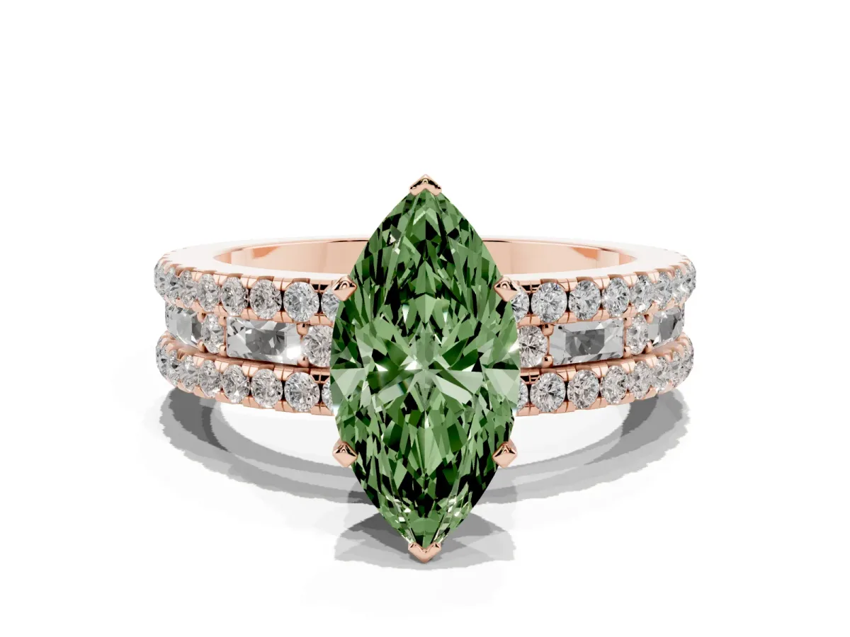 Fancy Green Marquise Cut Diamond Solitaire Ring with Pavé and Channel Set Band Rose gold