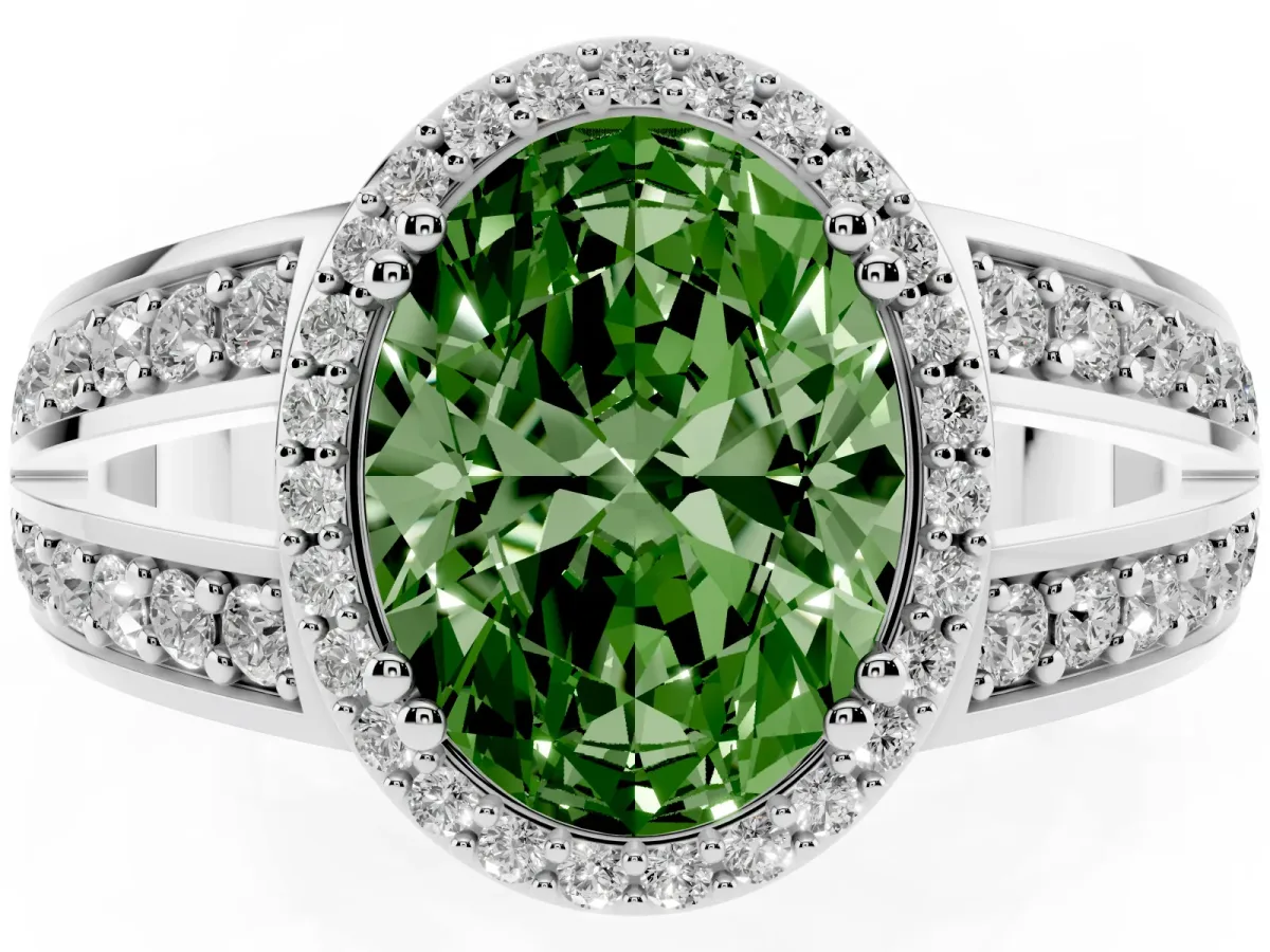 Fancy Green Oval Cut Diamond Halo Ring with Split Shank Pavé Band and Four-Prong Setting Platinum