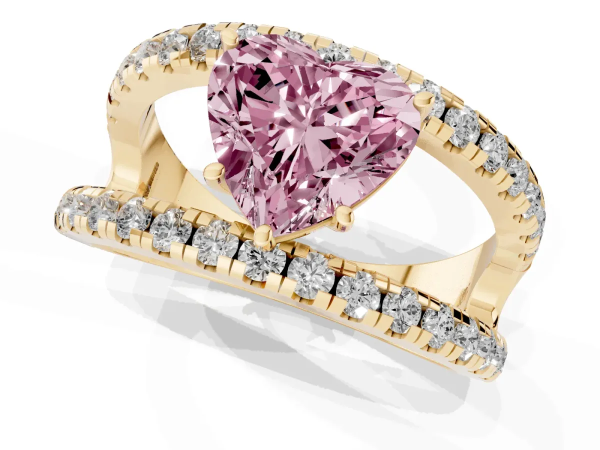 Fancy Pink Heart Cut Solitaire Split Shank Pave Diamond Ring Yellow gold