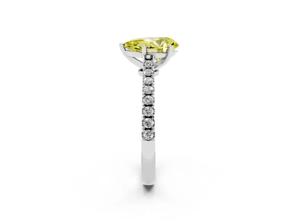 Fancy Yellow Pear Cut Cut Solitaire Diamond Engagement Ring with Pave Band and Four-Prong Setting Platinum