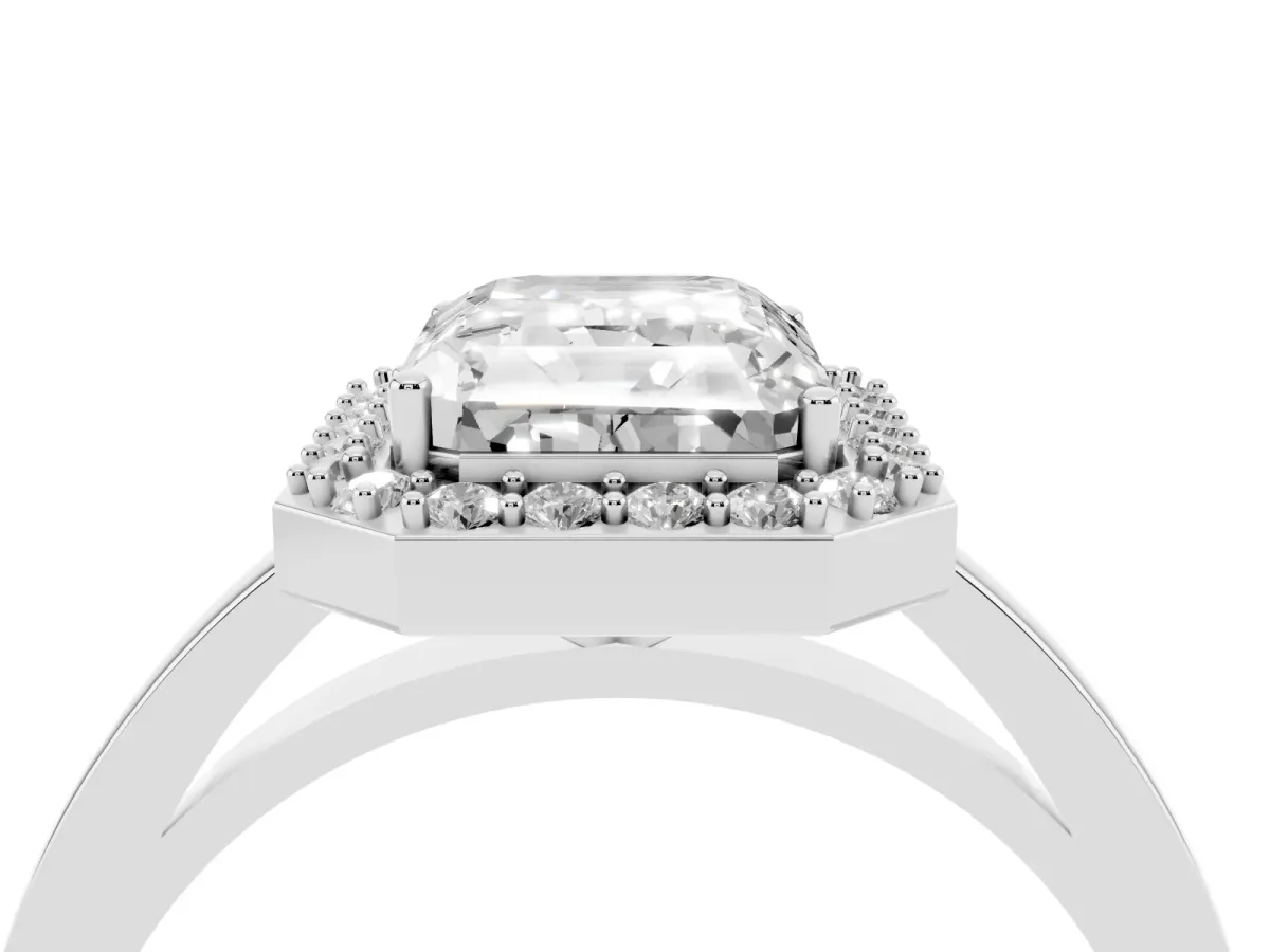 Radiant Cut Halo Diamond Ring with Solitaire Band and Prong Setting Silver