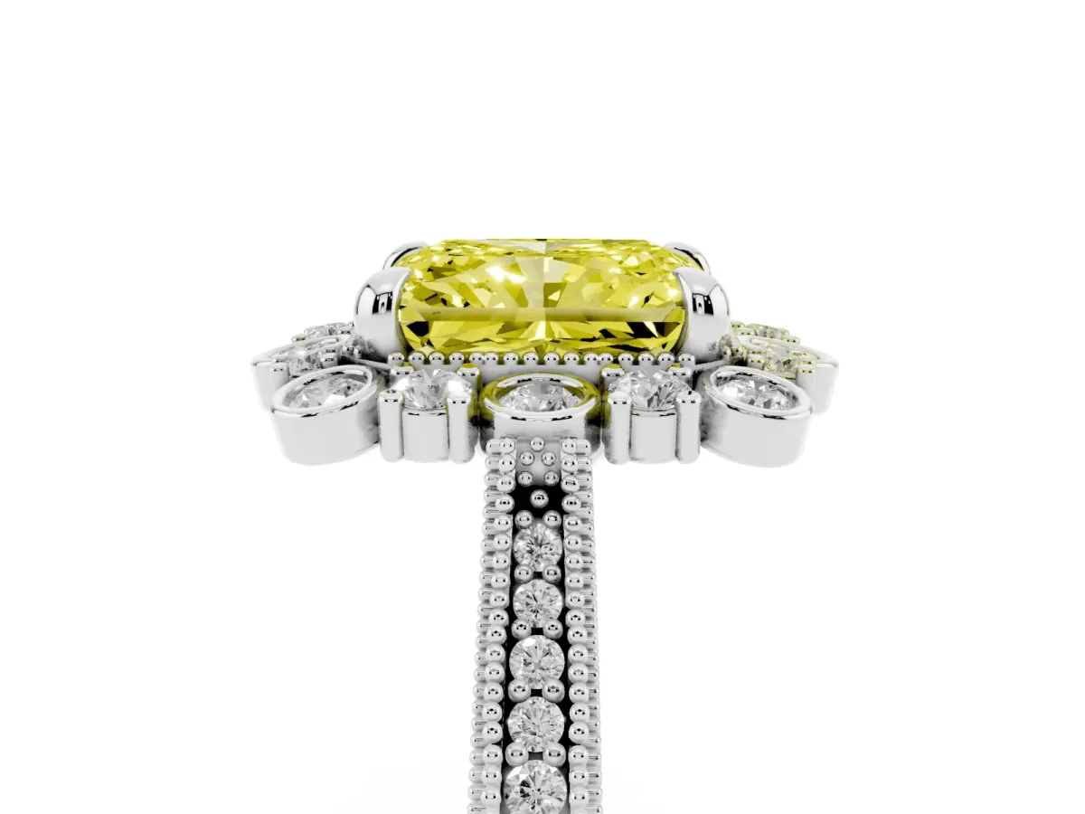 Fancy Yellow Radiant Cut Halo Milgrain Pave Diamond Ring with Four-Prong Setting White gold