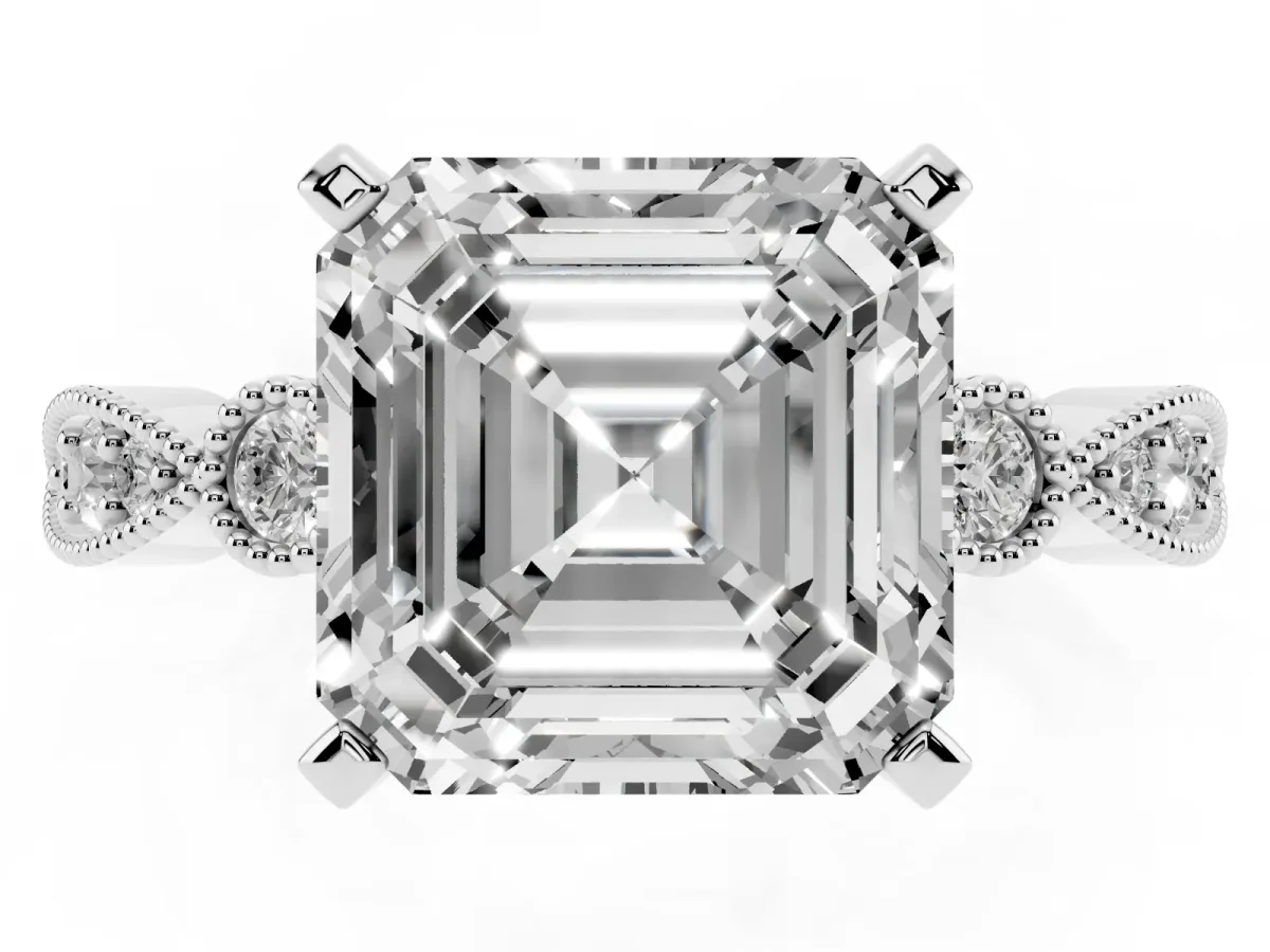 Asscher Cut Milgrain Bezel Diamond Engagement Ring with Solitaire Prong Setting Silver