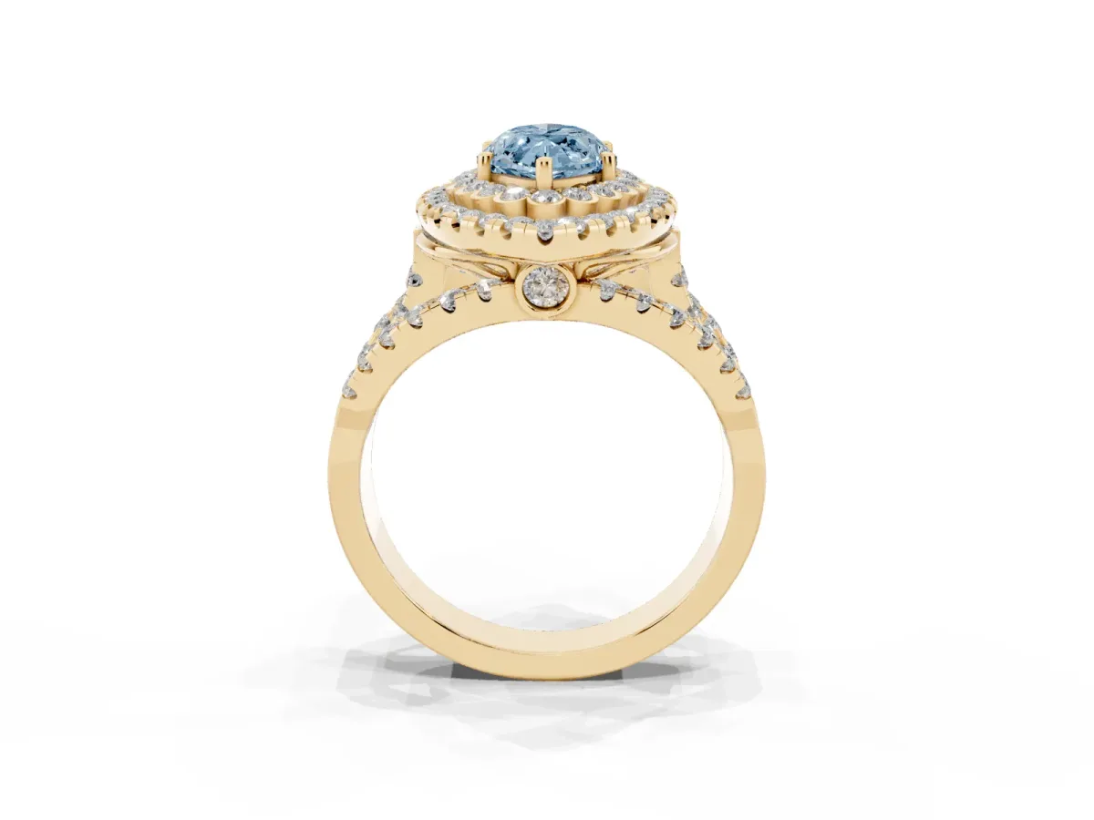 Fancy Blue Marquise Cut Diamond Double Halo Ring with Round Pavé Split Shank and Prong Setting Yellow gold