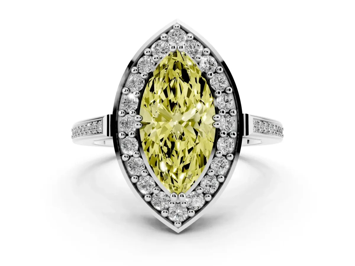 Fancy Yellow Marquise Cut Diamond Halo Ring with Split Shank and Four-Prong Setting Silver