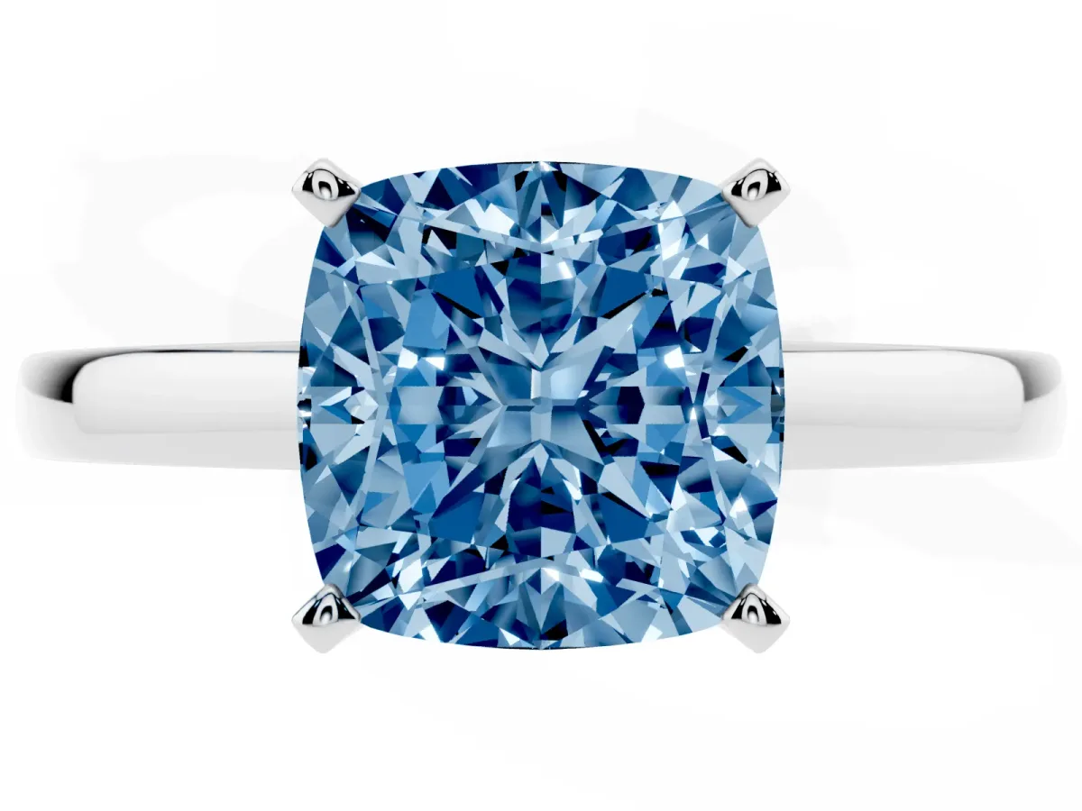Fancy Blue Cushion Cut Solitaire Diamond Engagement Ring with Four-Prong Setting on a Classic Band Platinum