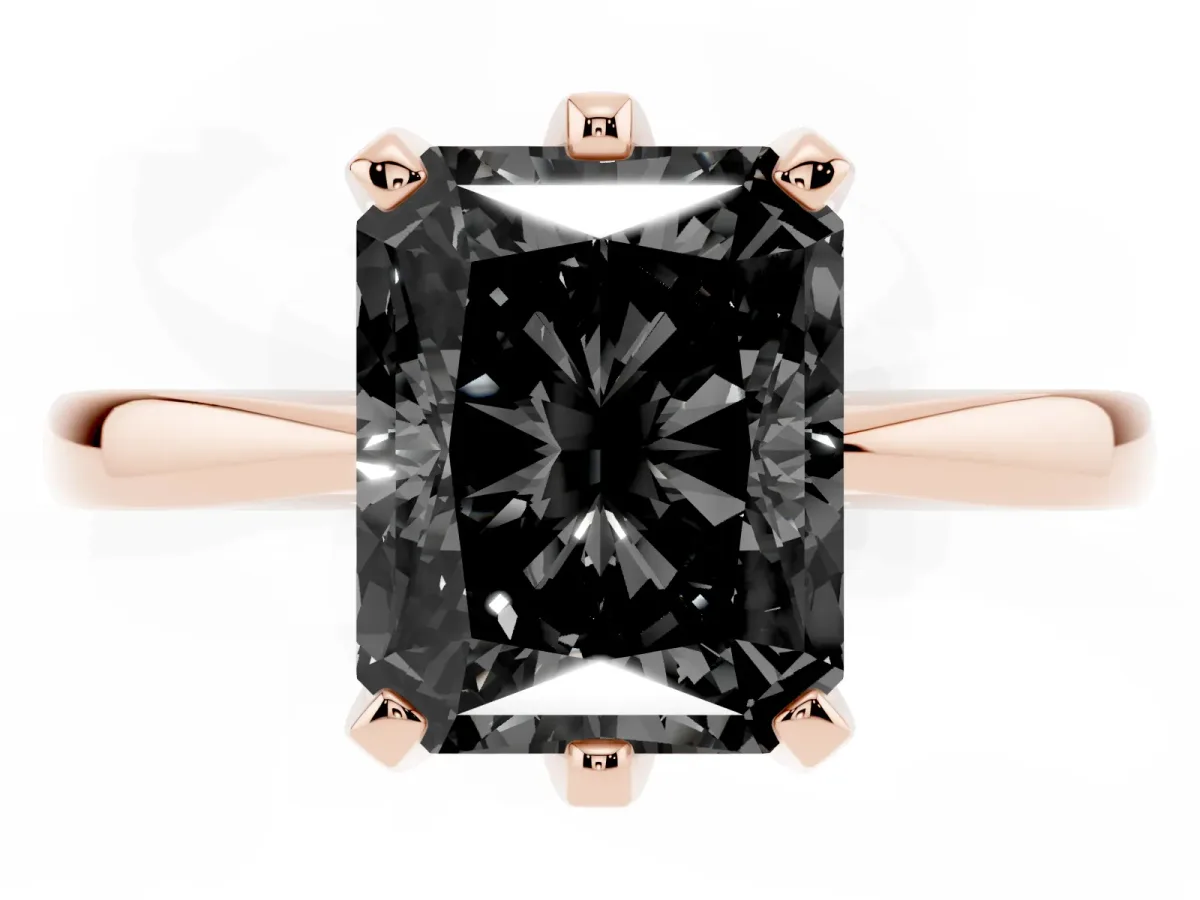 Fancy Black Radiant Cut Solitaire Engagement Ring with Six-Prong Setting and Tapered Band Rose gold
