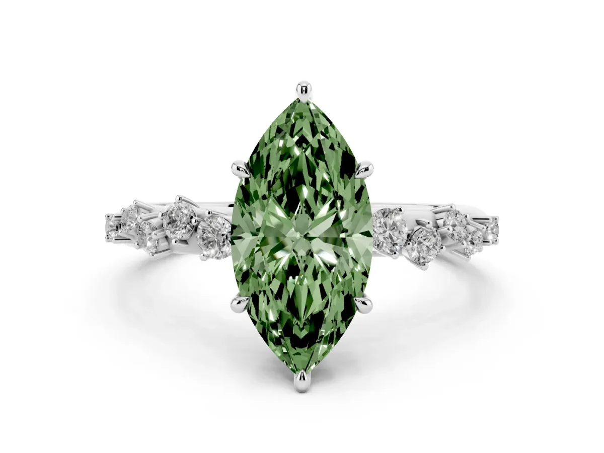 Fancy Green Marquise Cut Diamond Cluster Side Stone Solitaire Ring with Prong Setting Silver
