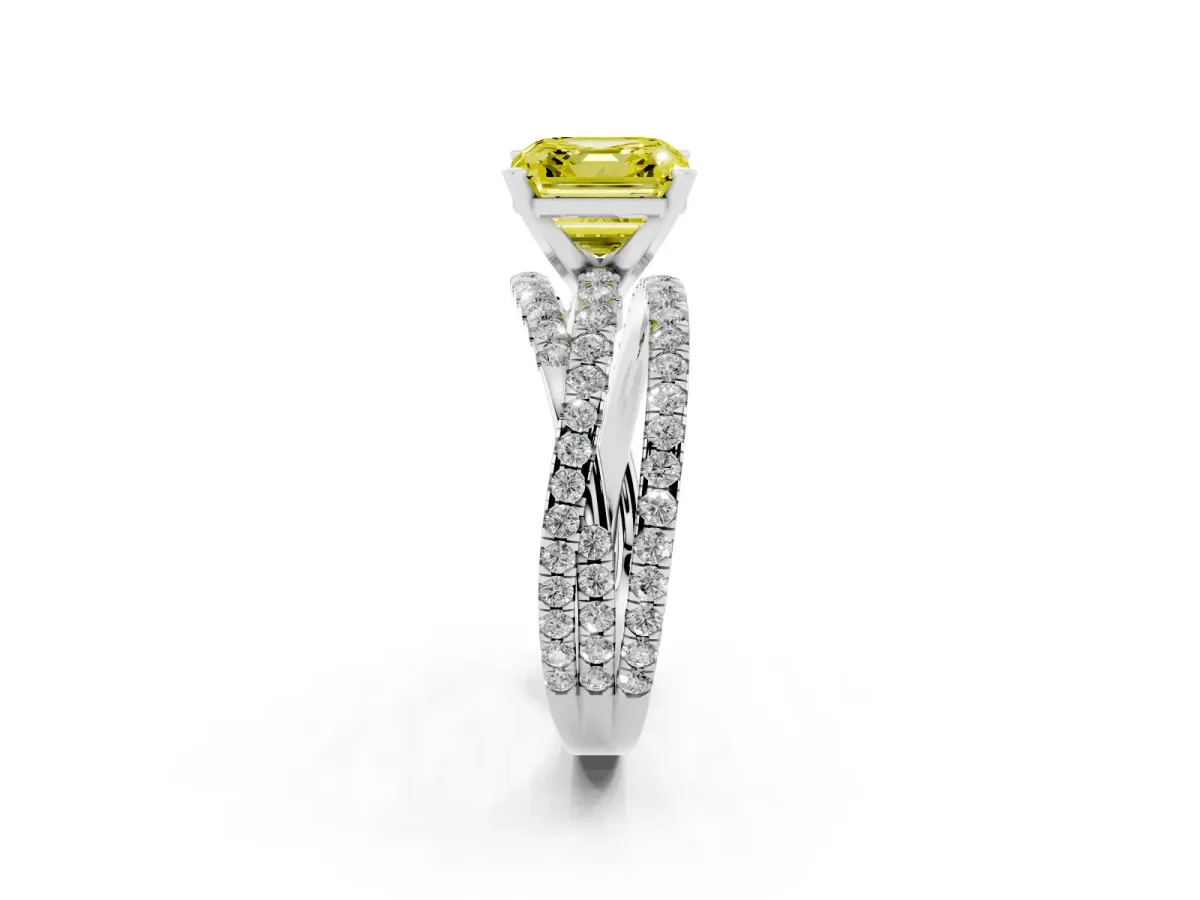 Fancy Yellow Asscher Cut Solitaire Twist Band with Pavé Setting and Four-Prong Setting Silver