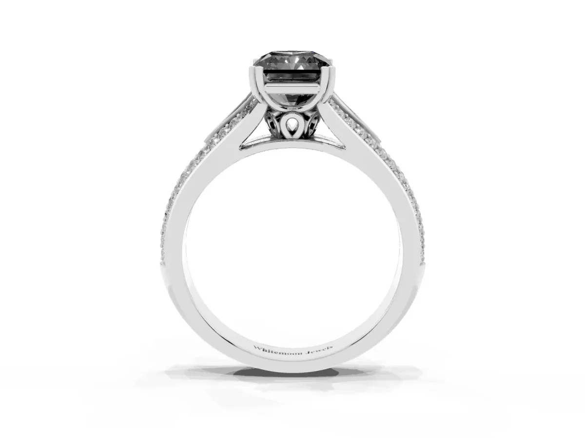 Fancy Black Radiant Cut Diamond Split Shank Engagement Ring with Pavé Band Silver