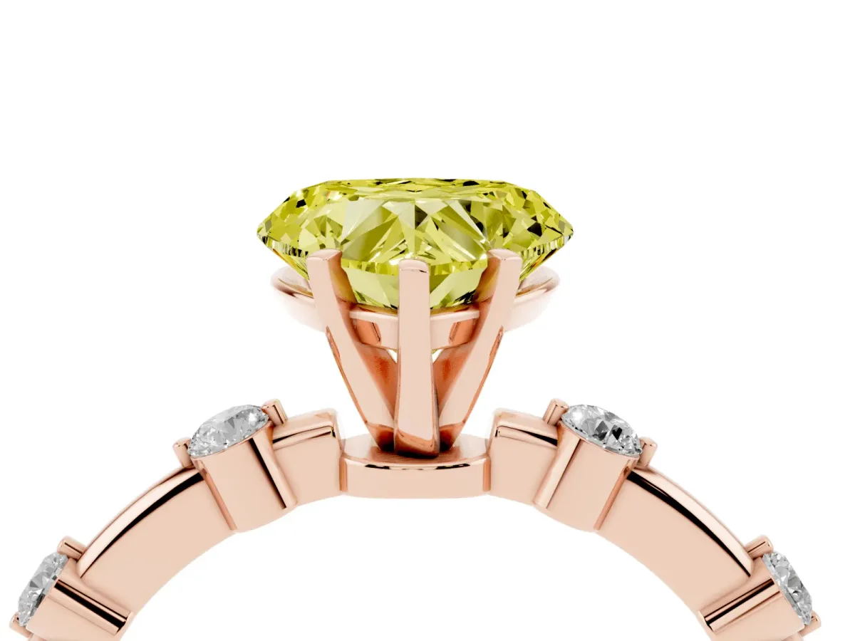 Fancy Yellow Heart Cut Solitaire Diamond Ring with Bezel Set Side Stones and Prong Setting Rose gold