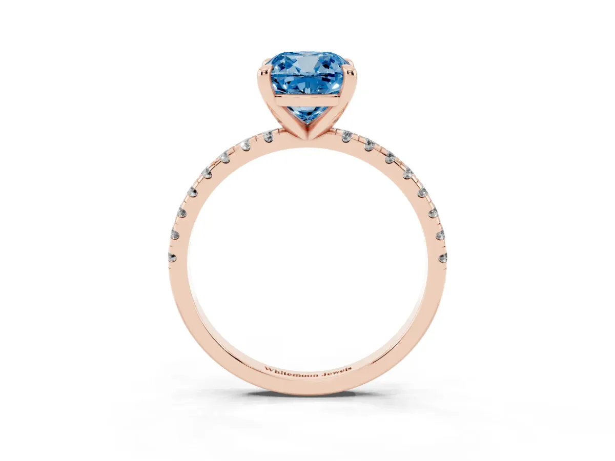 Fancy Blue Cushion Cut Diamond Brilliant Solitaire Ring with Pavé Band and Four-Prong Setting Rose gold