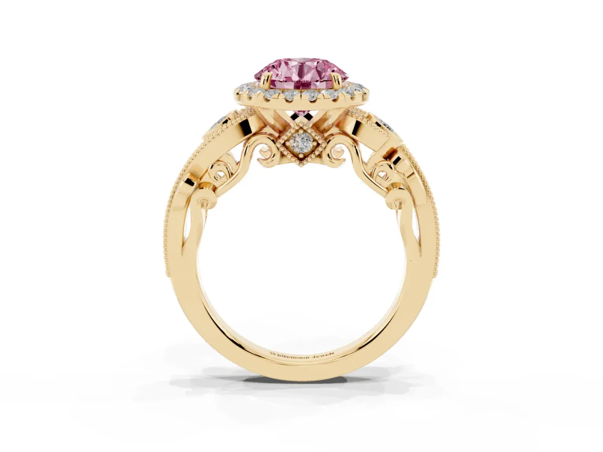 Fancy Pink Round Cut Diamond Halo Ring with Milgrain Pavé Band and Four-Prong Setting Yellow gold