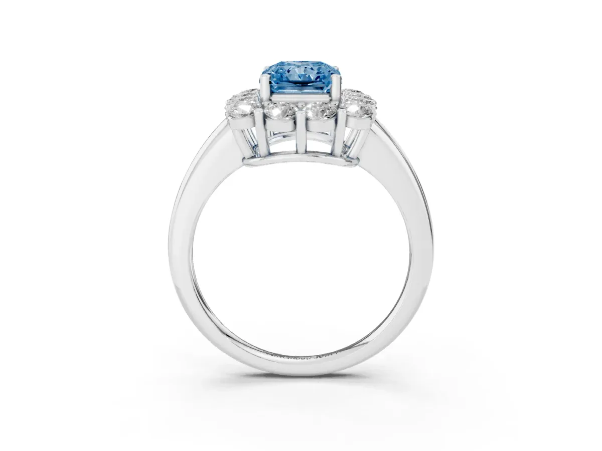 Fancy Blue Radiant Cut Halo Cluster Diamond Engagement Ring with Prong Setting and Polished Band Platinum
