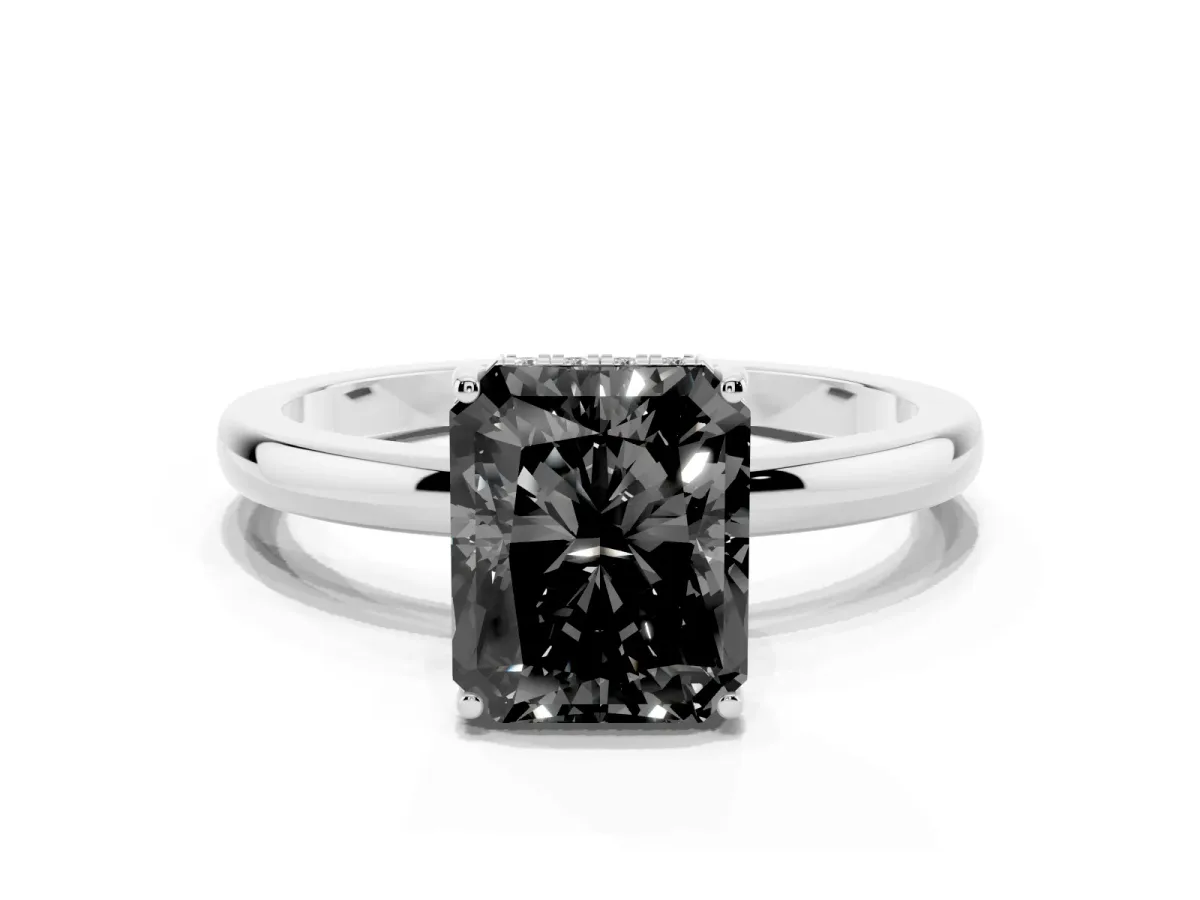 Fancy Black Radiant Cut Solitaire Diamond Ring with Prong Setting and Plain Band Platinum