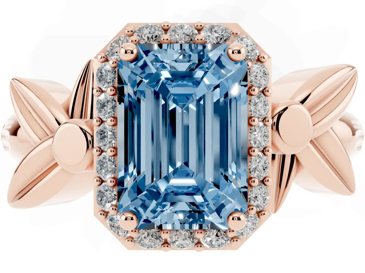 Fancy Blue Emerald Cut Halo Diamond Floral Band with Four-Prong Setting Rose gold