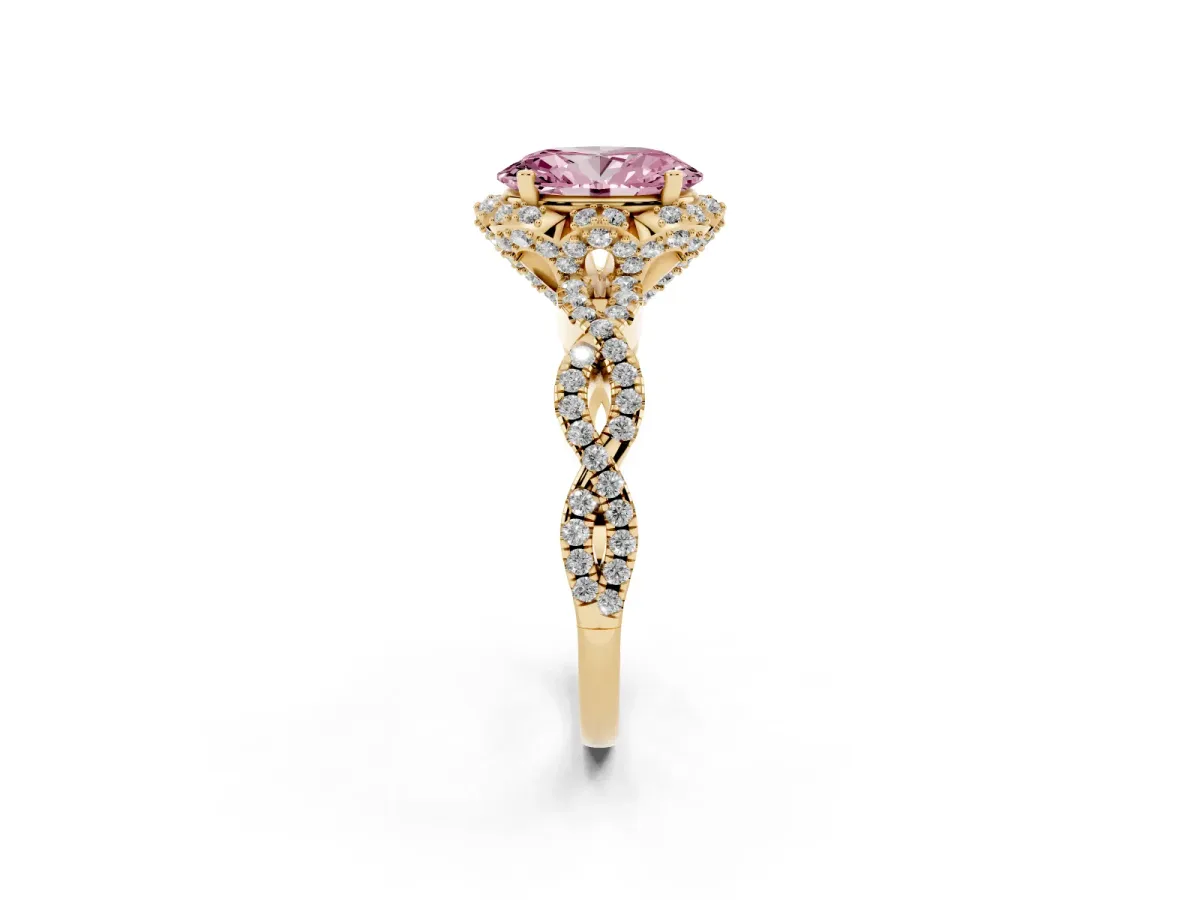 Fancy Pink Oval Cut Halo Twist Band Solitaire Ring with Six-Prong Setting Yellow gold