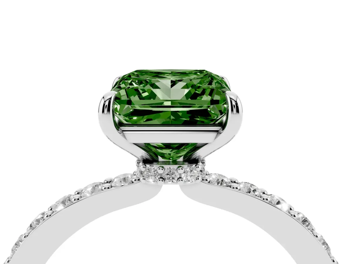 Fancy Green Princess Cut Diamond Pavé Engagement Ring with Round Accents and Prong Setting Platinum