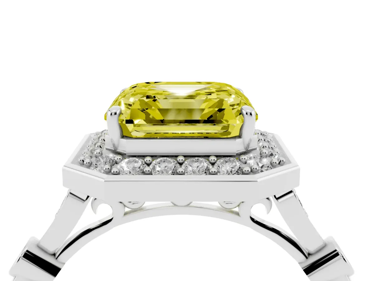Fancy Yellow Asscher Cut Halo Diamond Engagement Ring with Twisted Band and Four-Prong Setting Silver