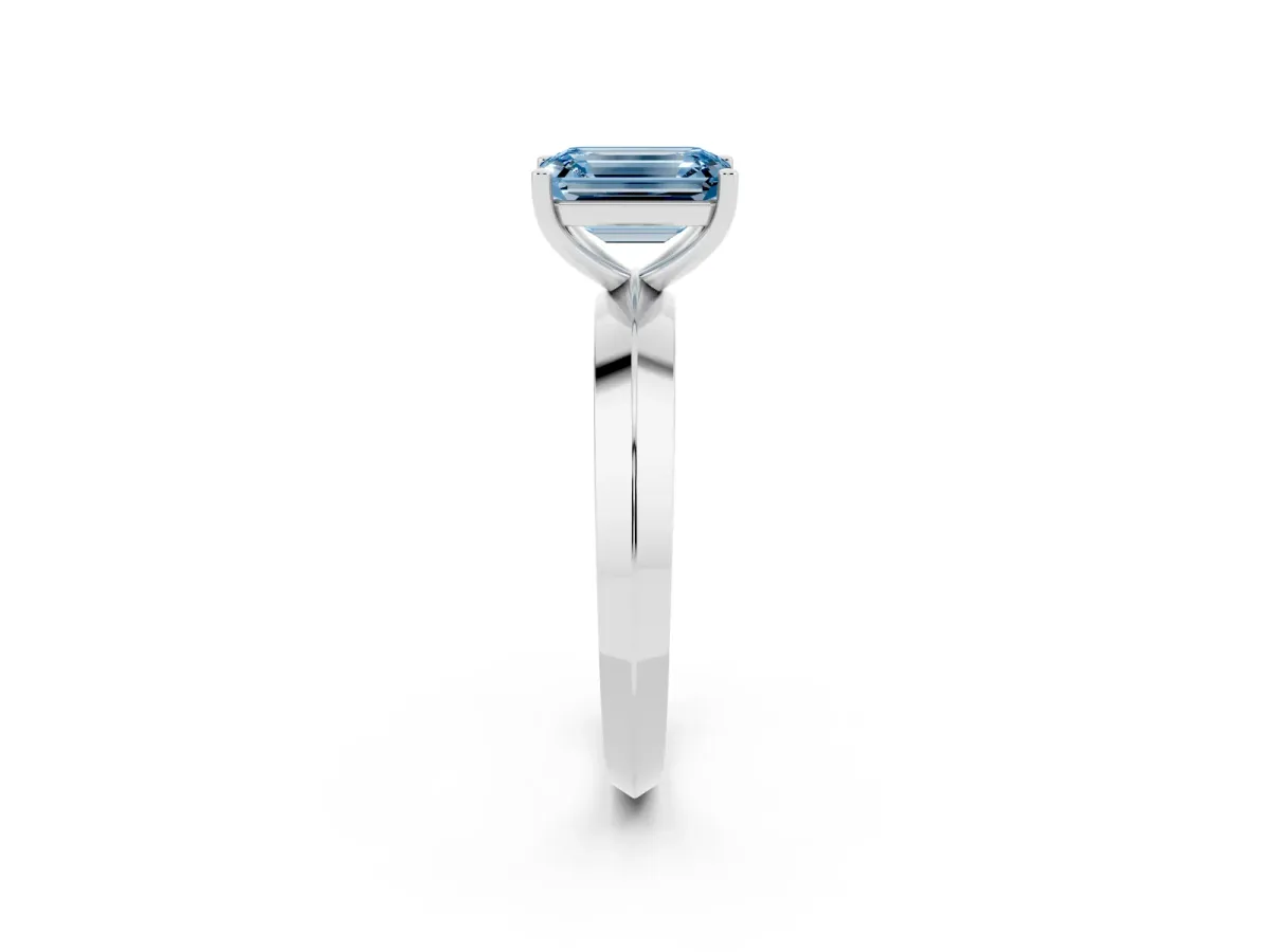 Fancy Blue Emerald Cut Cut Solitaire Engagement Ring with Flat Band and Four-Prong Setting Platinum