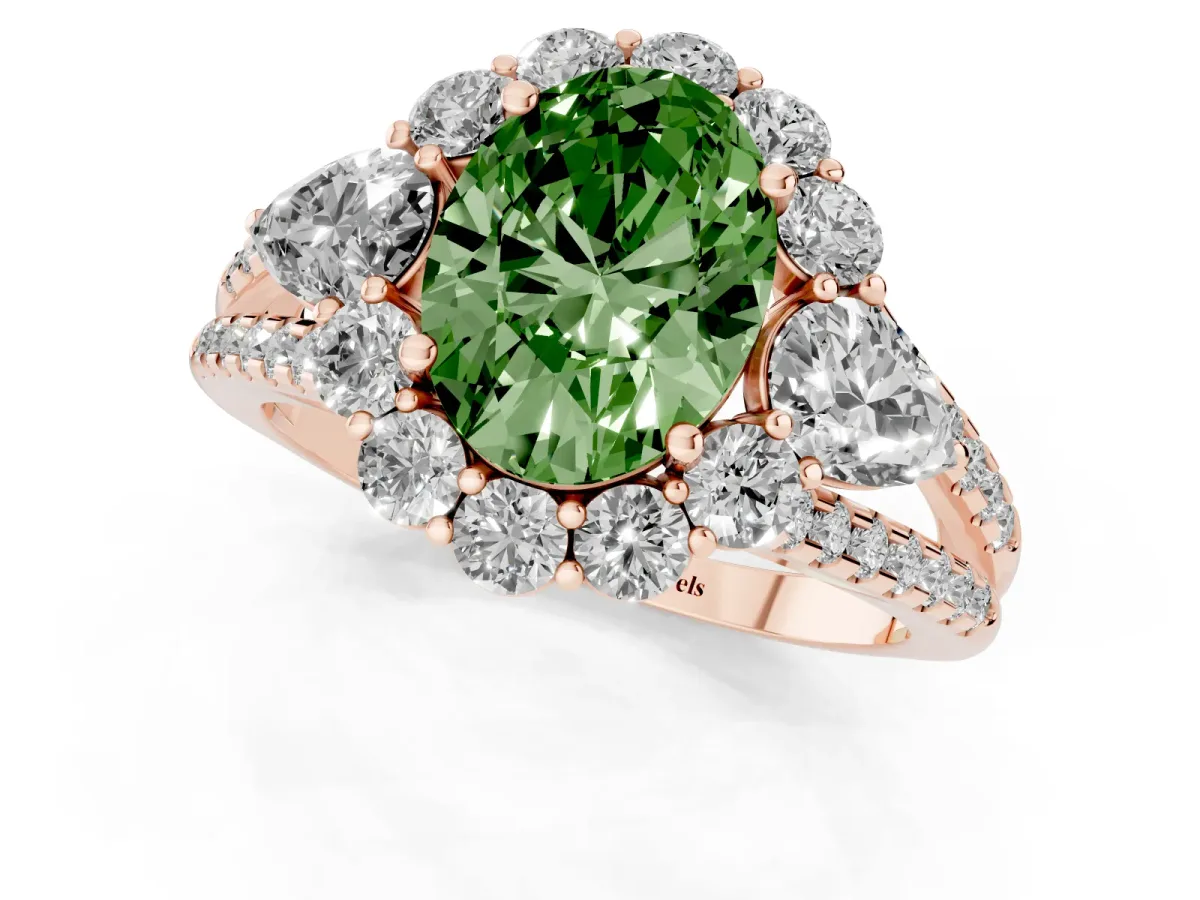 Fancy Green Oval Cut Halo Split Shank Diamond Engagement Ring with Prong Setting Rose gold