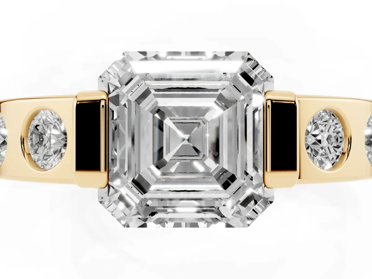 Asscher Cut Brilliant Channel-Set Diamond Ring with Bezel Prong Setting Yellow gold