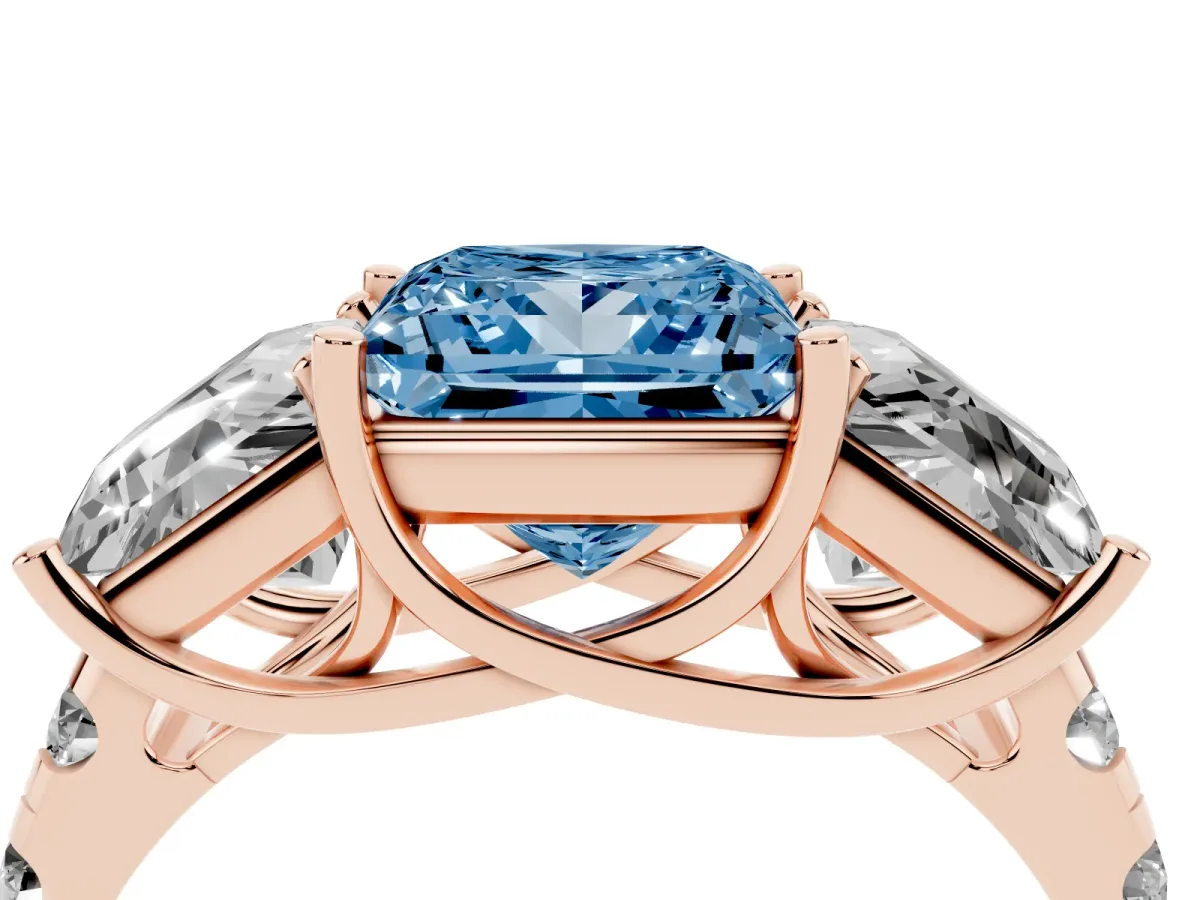 Fancy Blue Three-Stone Princess Cut Diamond Pavé Band with Prong Setting Rose gold