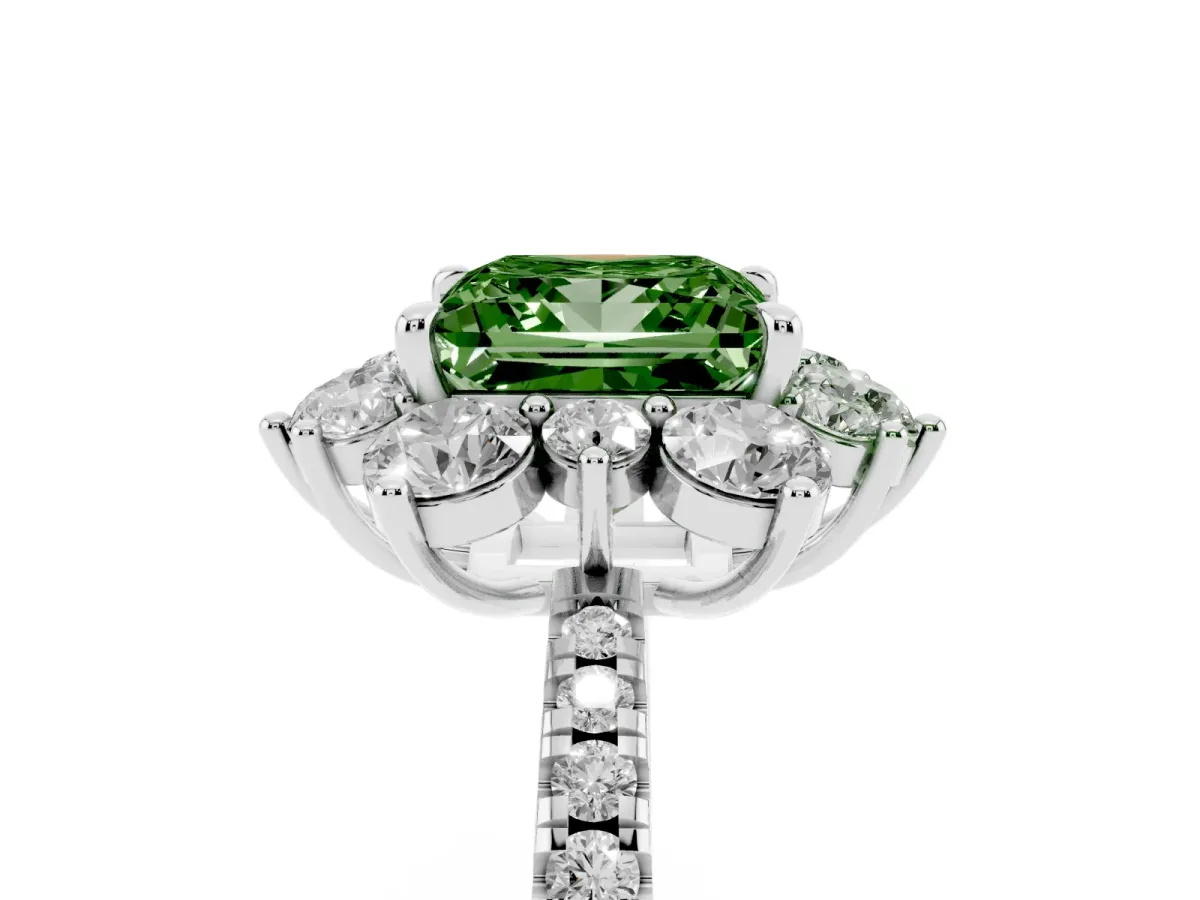 Fancy Green Princess Cut Diamond Floral Halo Ring with Round Pavé Band and Prong Setting Silver