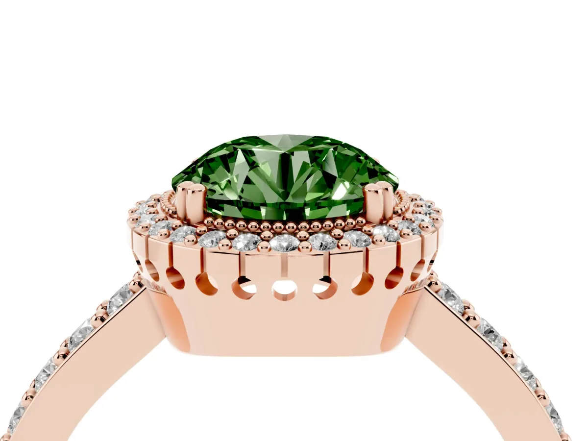 Fancy Green Round Cut Cut Diamond Halo Engagement Ring with Milgrain Detail and Pavé Band Rose gold