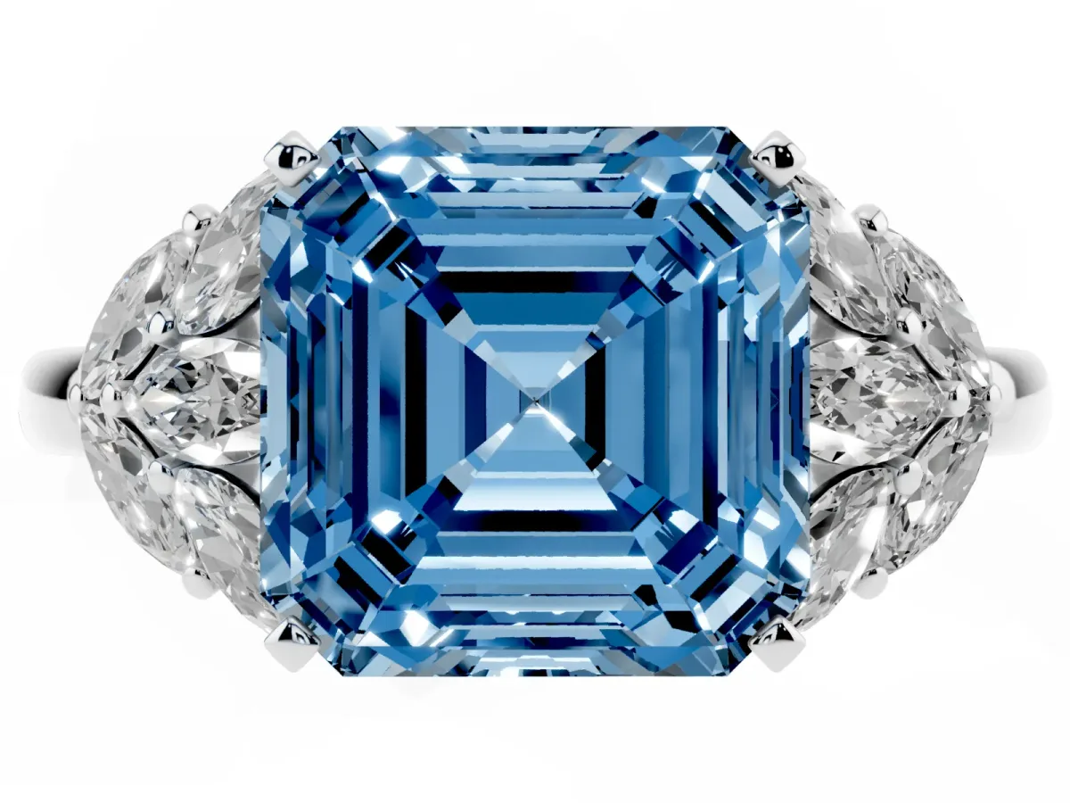 Fancy Blue Asscher Cut Diamond Cluster Leaf Design Ring with Prong Setting Silver