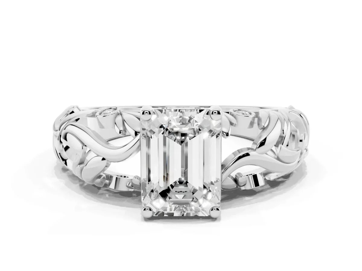 Emerald Cut Solitaire Diamond Leaf-Inspired Vine Band Ring with Prong Setting Platinum
