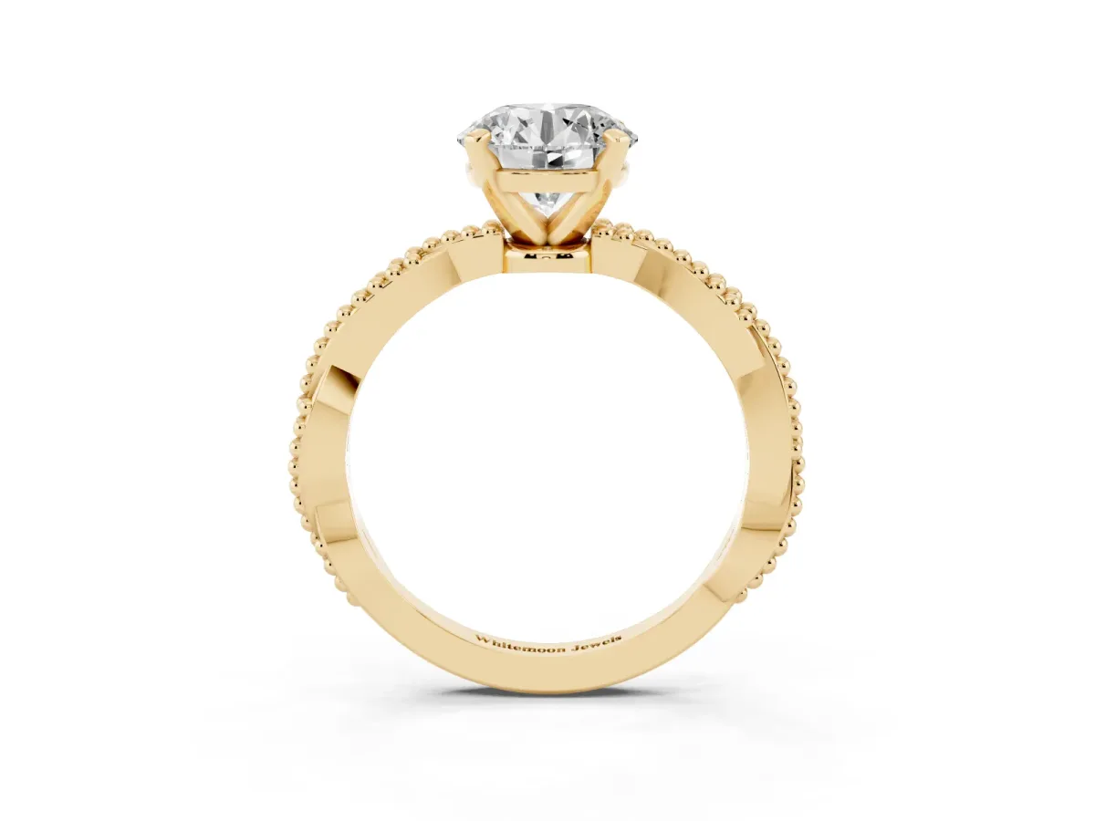 Round Cut Solitaire Twisted Band with Bead Prong Setting Yellow gold