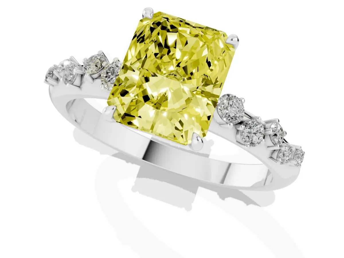 Fancy Yellow Radiant Cut Diamond Cluster Prong-Set Solitaire Ring Silver