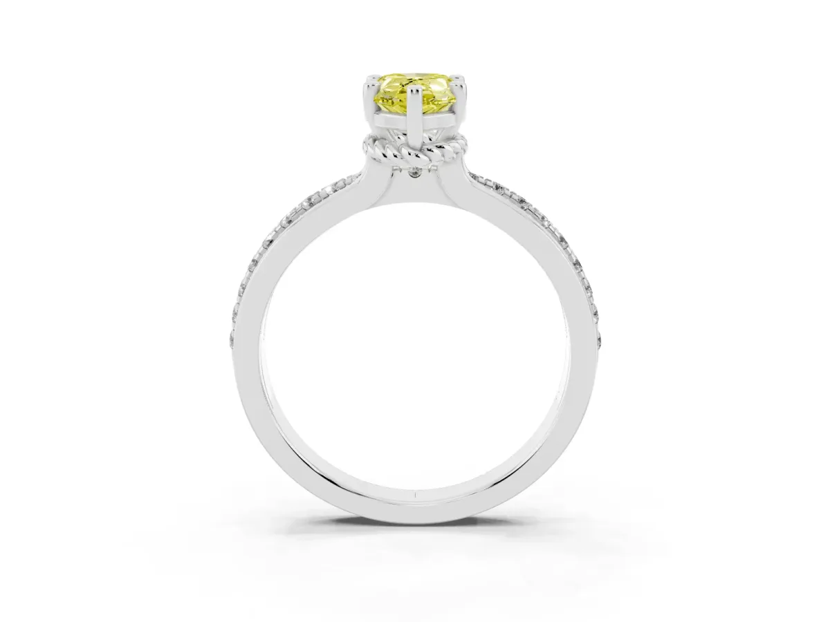 Fancy Yellow Pear Cut Solitaire Diamond Ring with Channel Set Band and Six-Prong Setting Silver