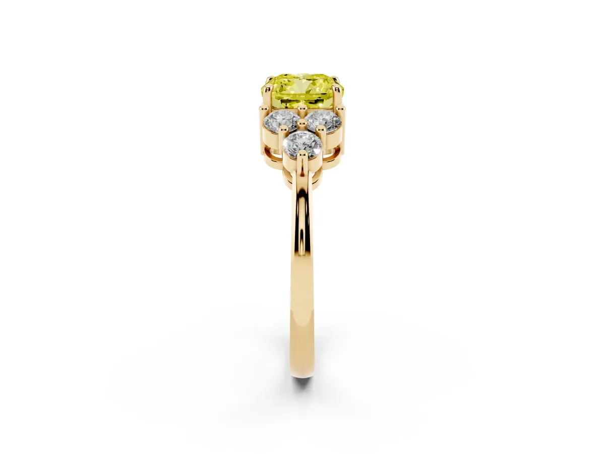 Fancy Yellow Cushion Cut Brilliant Diamond Cluster Accent Solitaire Ring with Prong Setting Yellow gold