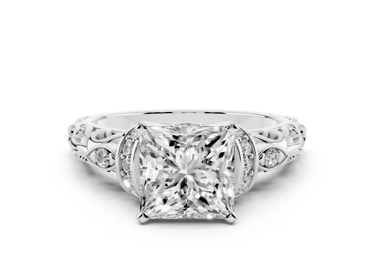 Princess Cut Diamond Solitaire Ring with Filigree Band and Four-Prong Setting Silver