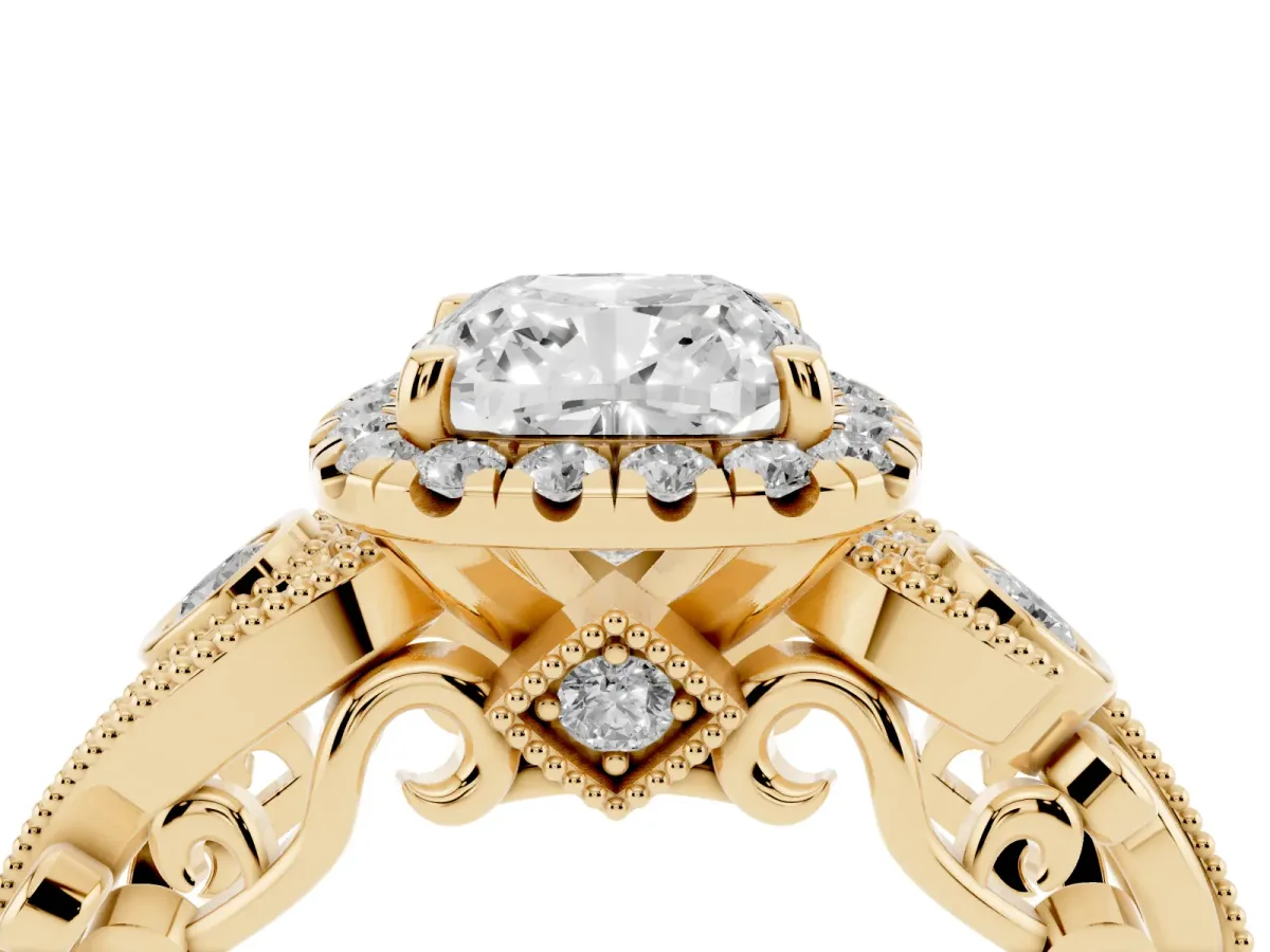 Cushion Cut Halo Diamond Ring with Milgrain and Bezel Accents on a Split Shank Band Yellow gold