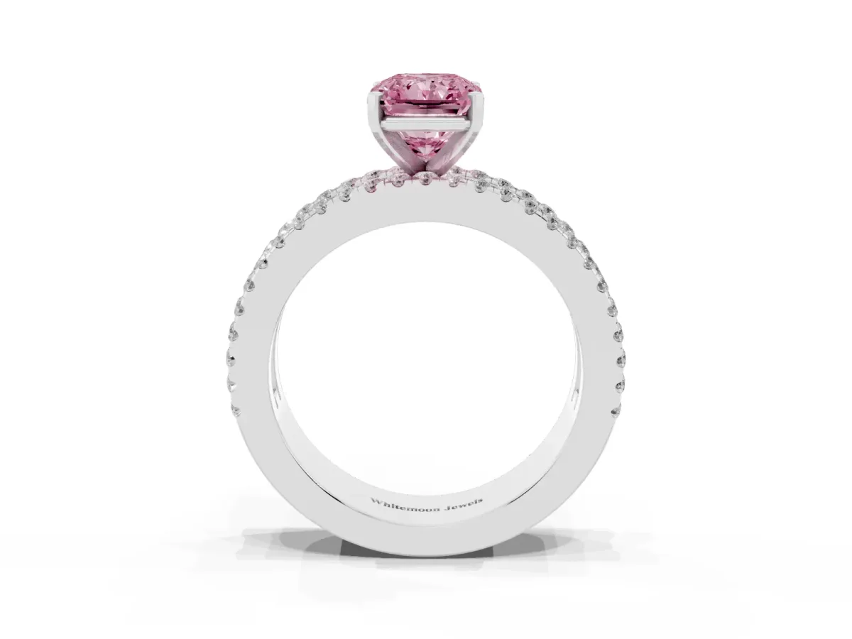 Fancy Pink Radiant Cut Diamond Solitaire Ring with Pavé and Channel Set Band Platinum