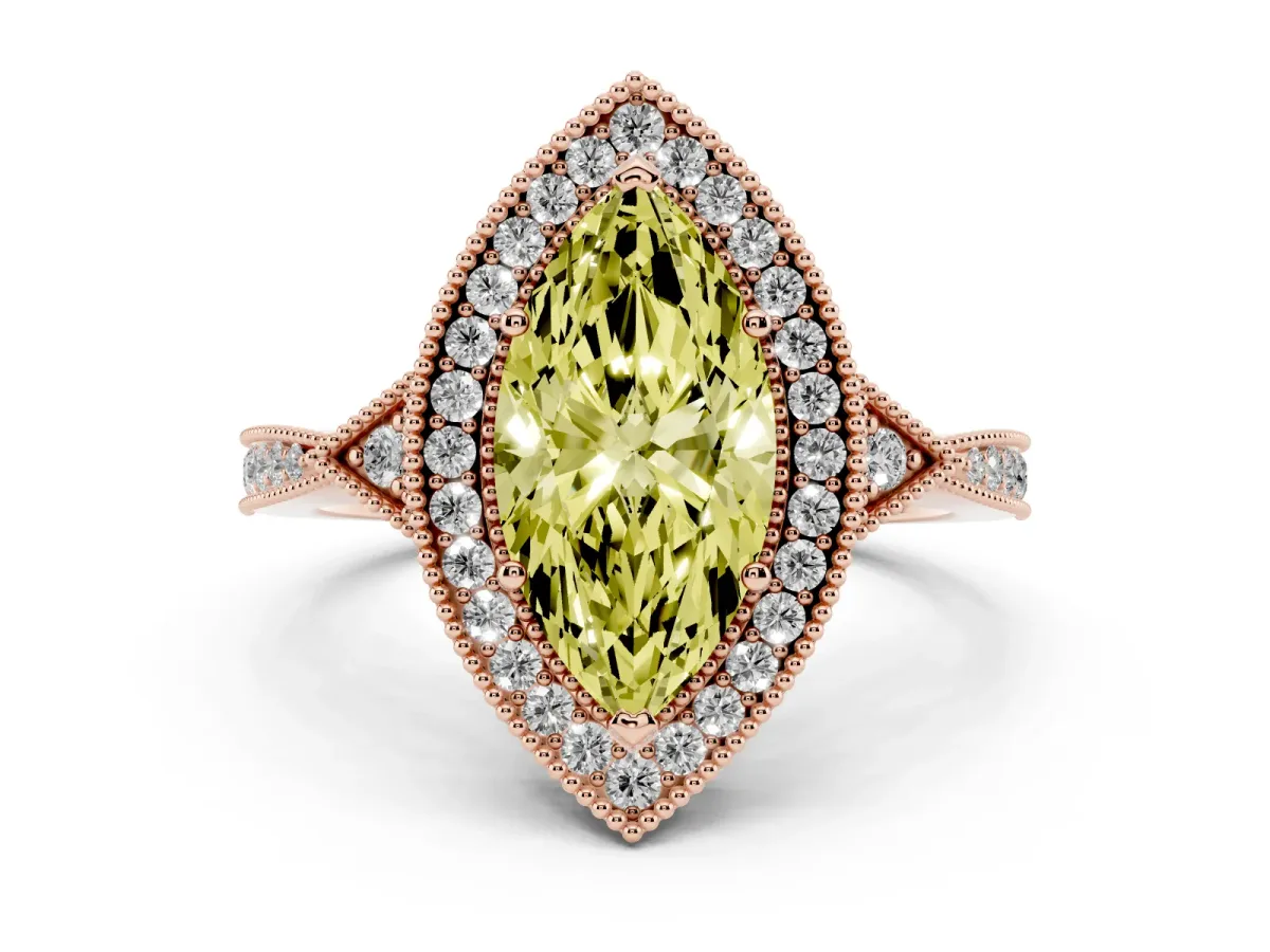 Fancy Yellow Marquise Cut Halo Round Diamond Milgrain Pave Engagement Ring Rose gold