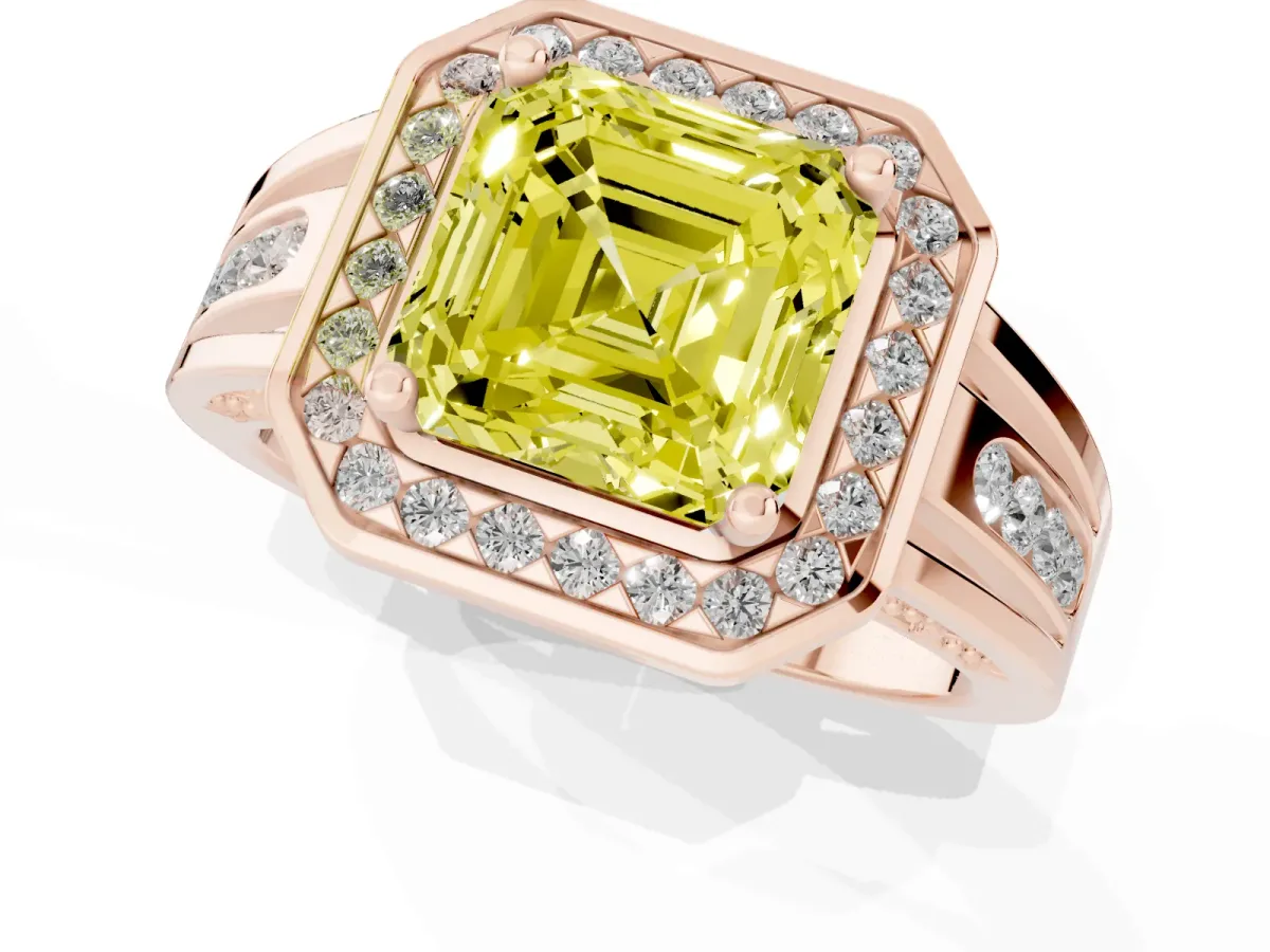 Fancy Yellow Asscher Cut Diamond Halo Ring with Split Shank and Bezel Accents and Prong Setting Rose gold